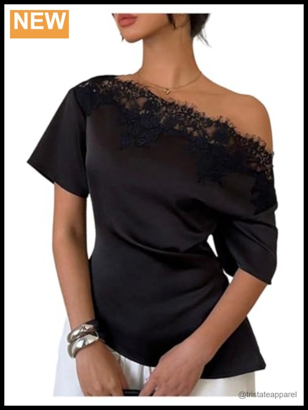 Off Shoulder Lace Satin Blouse Women Asymmetrical Short Sleeve